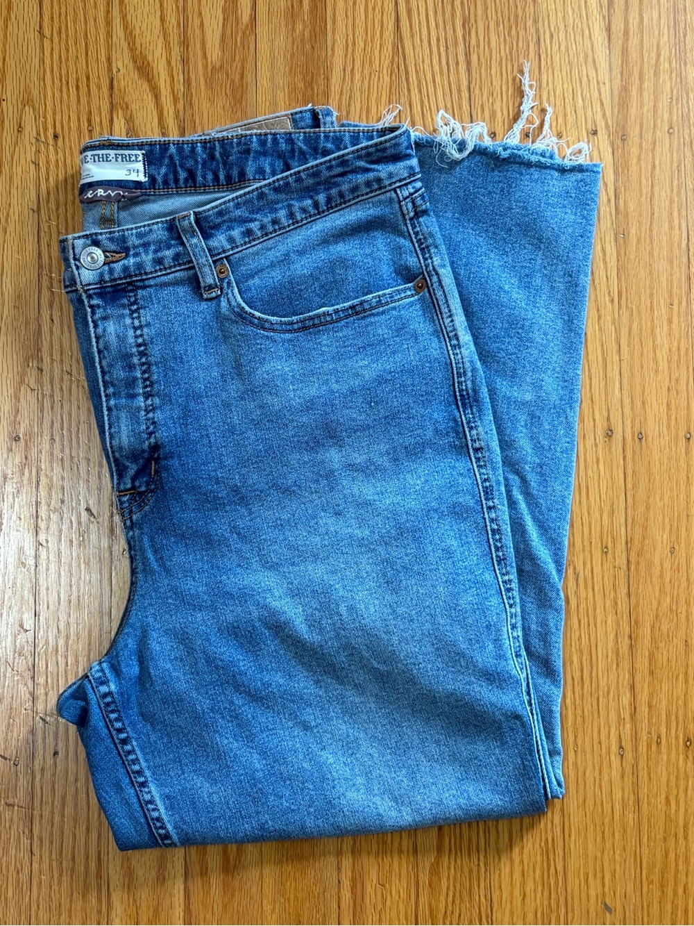We The Free Free People High Rise Straight Leg Jeans Medium Wash Raw Hem